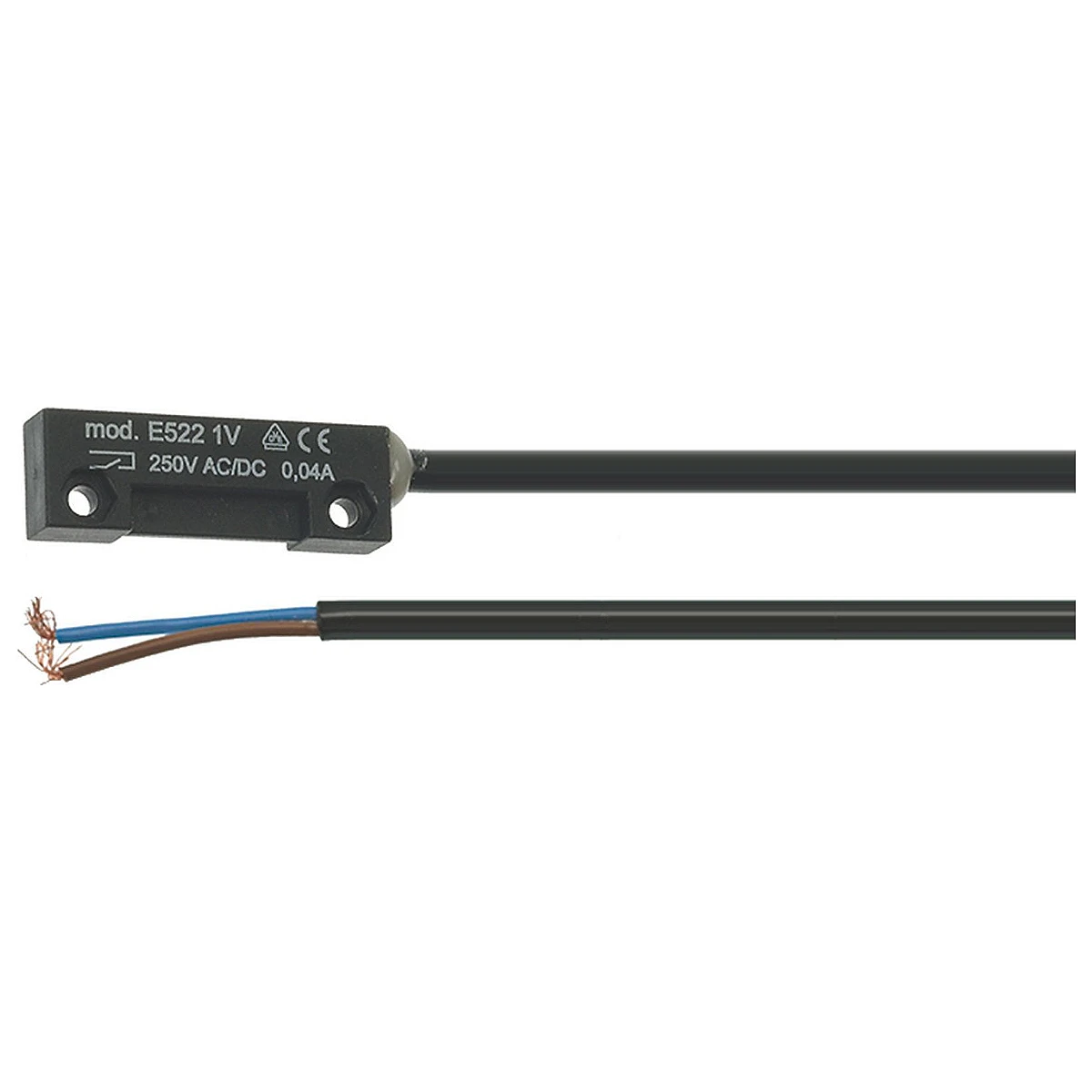 Magnetisk mikroswitch E5221V med sort kabel set forfra