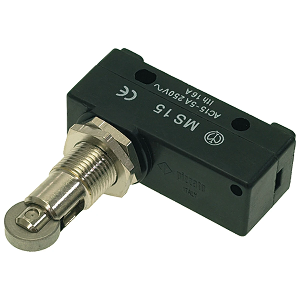 Mørkegrøn Pizzato MS15 mikroswitch med forkromet stødstang