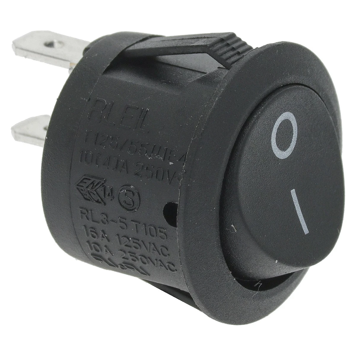 Sort rund vippekontakt 10A 250V med 0/I-mærkning, set forfra