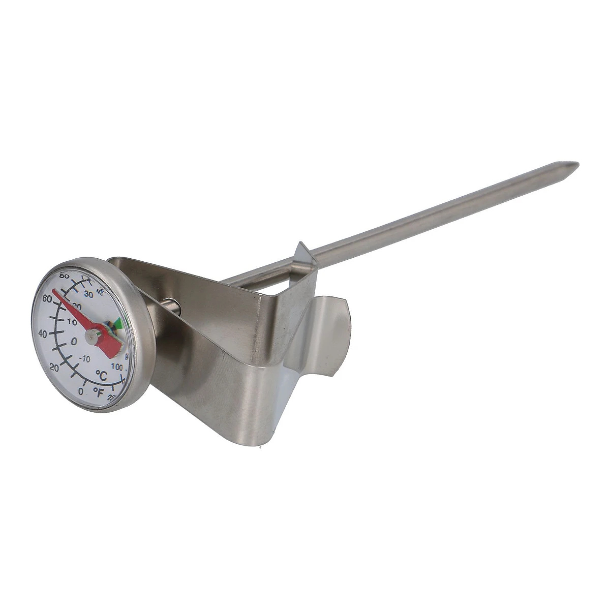 Analogt mælketermometer med clips og lang sonde set fra siden