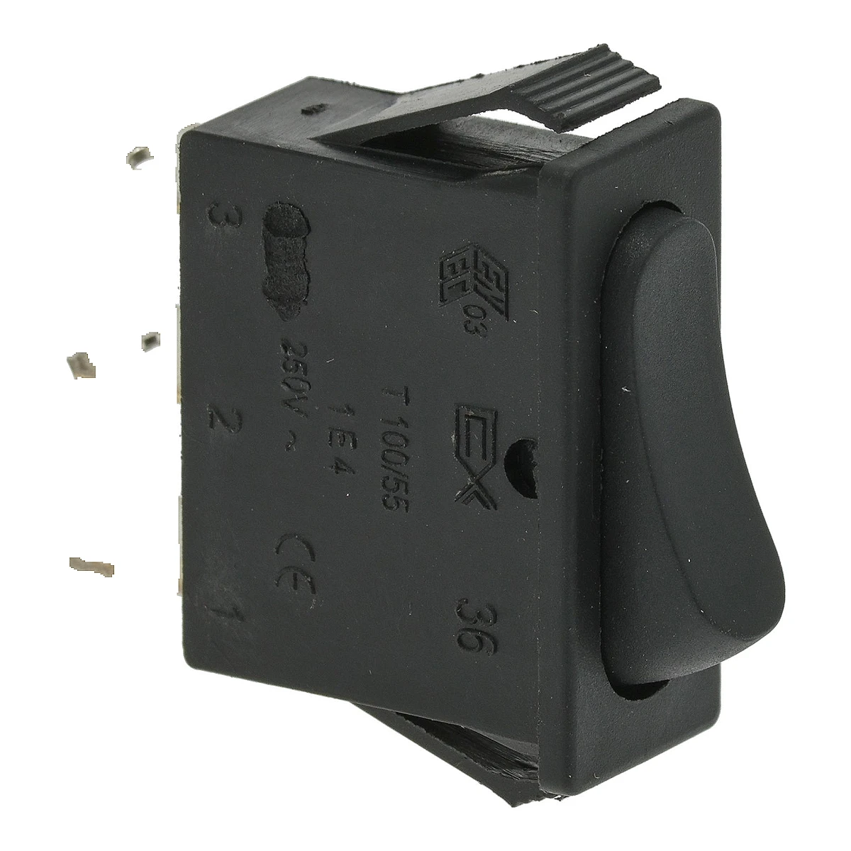 Sort 1-polet vippeomskifter 16 A 250 V set skråt forfra