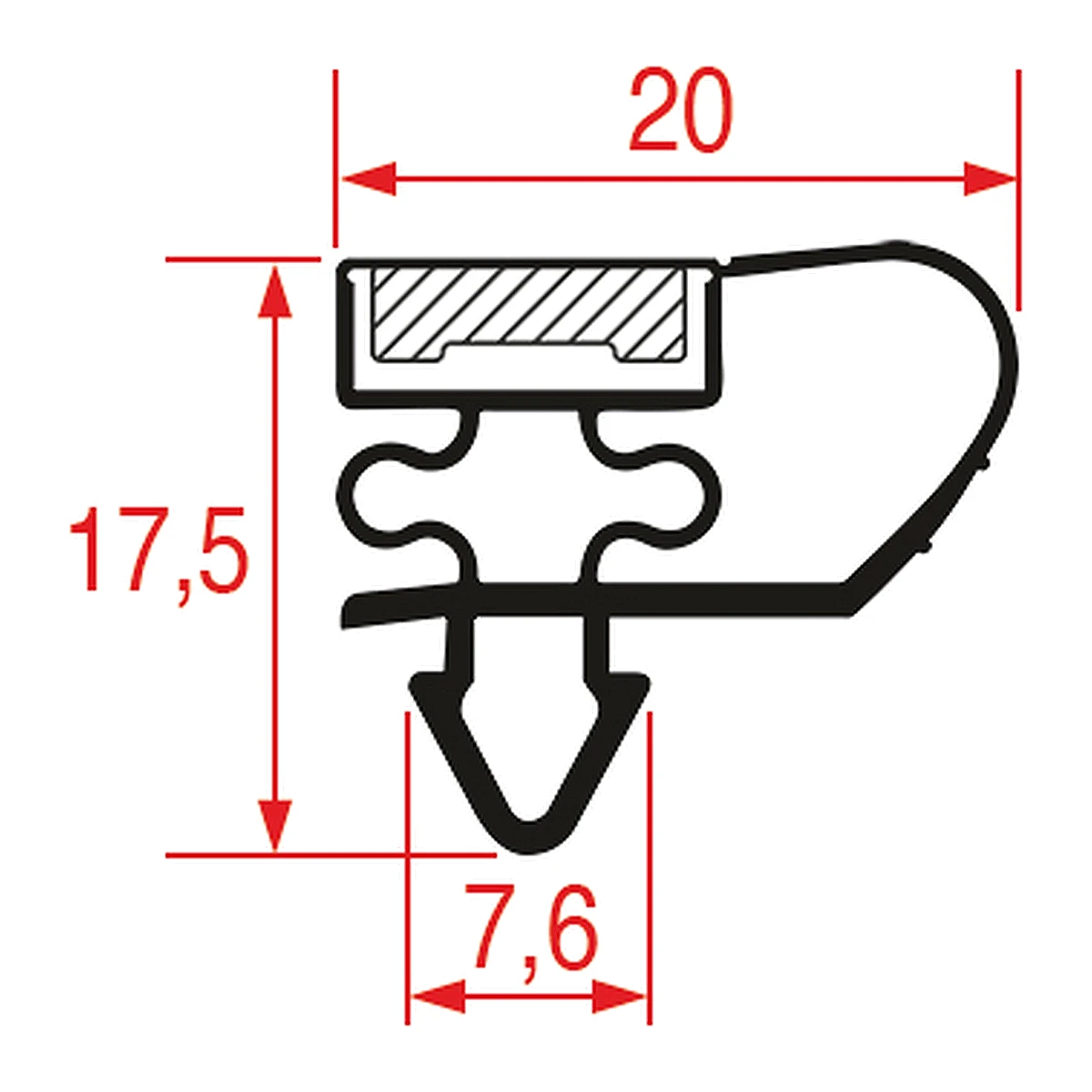 Måltegning af magnetisk tætningsliste profil 1022, 20 x 17,5 mm