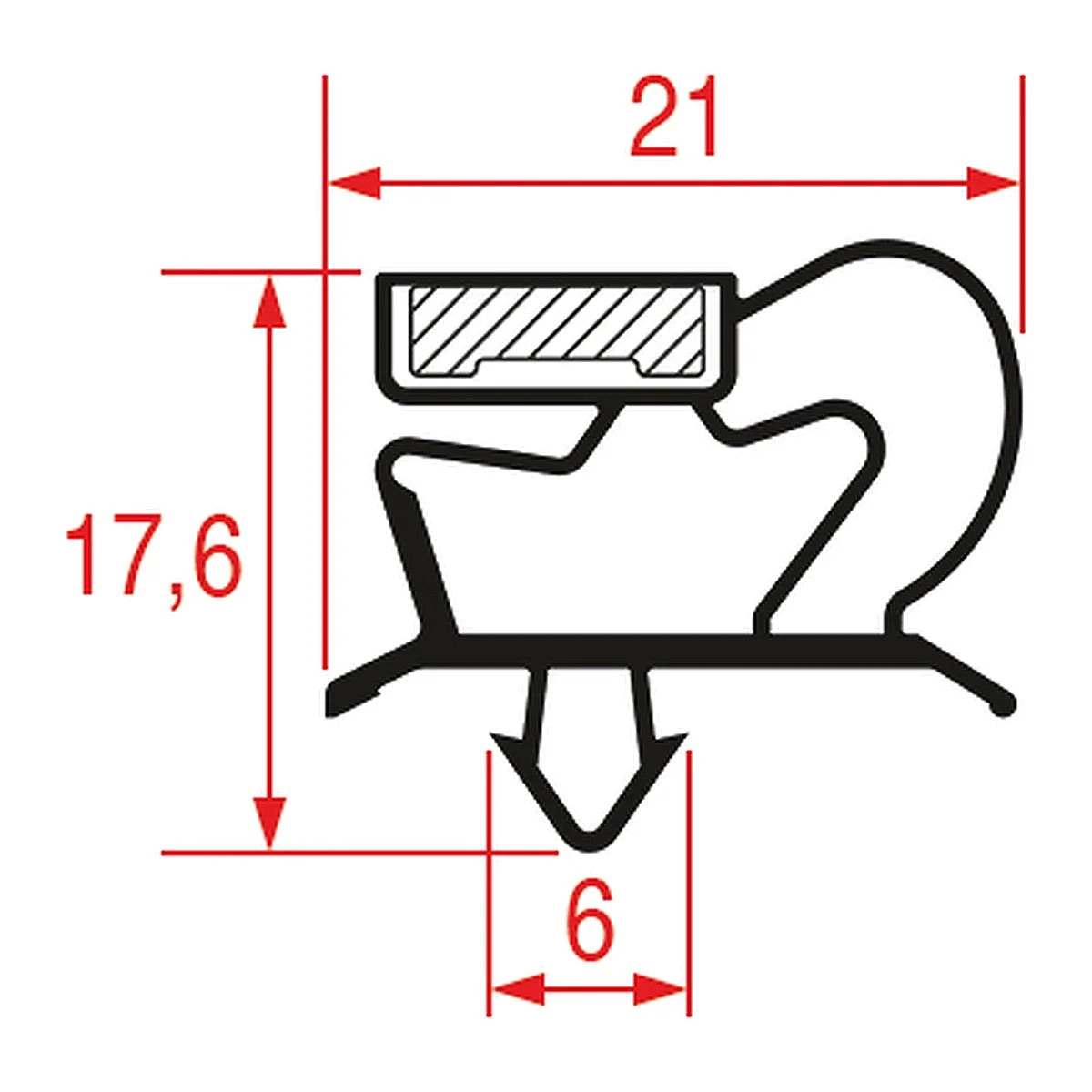 Måltegning af magnetisk dørtætningsliste profil 1001, 21 x 17,6 mm