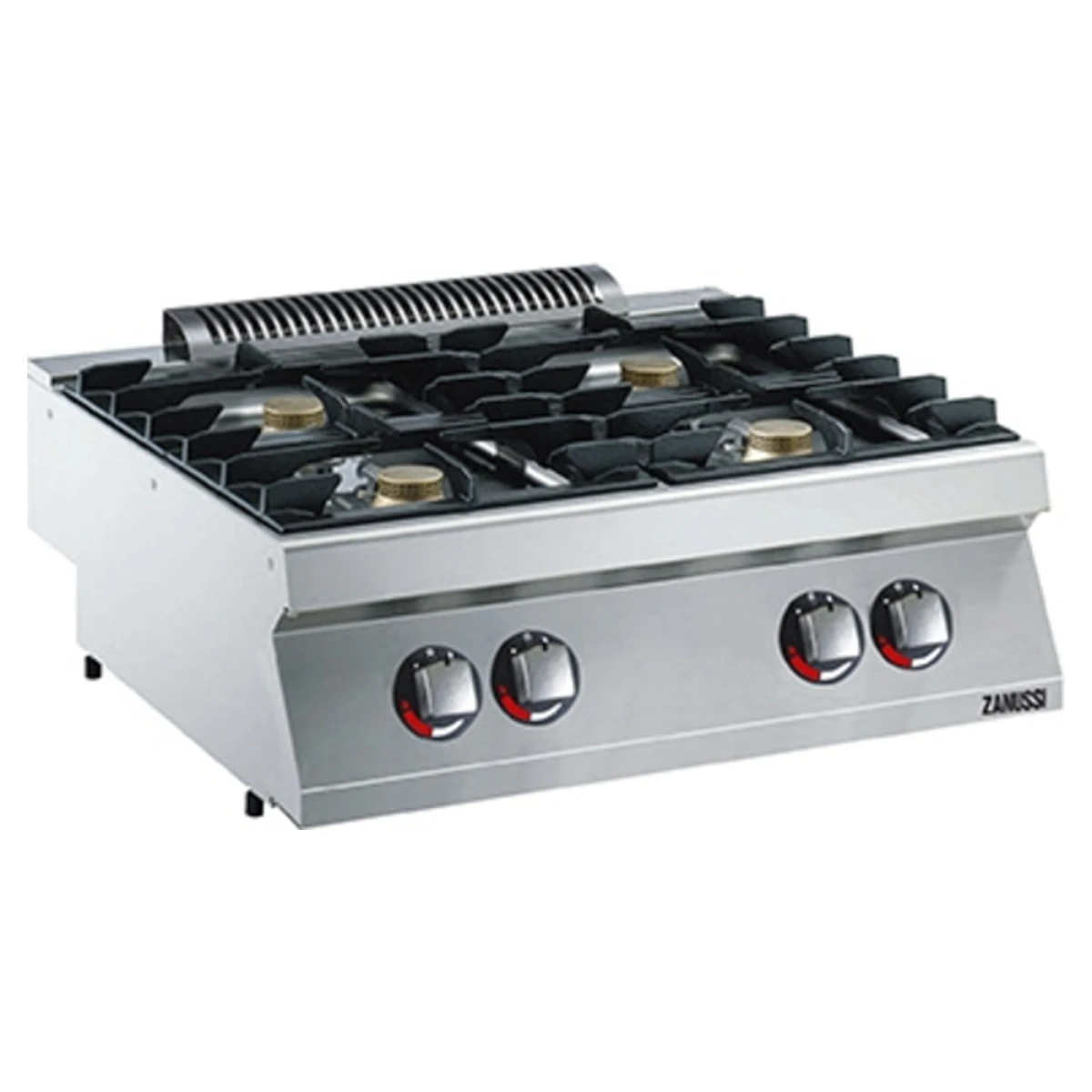 Zanussi EVO700 gaskogebord med fire blus og røde betjeningsknapper set skråt forfra