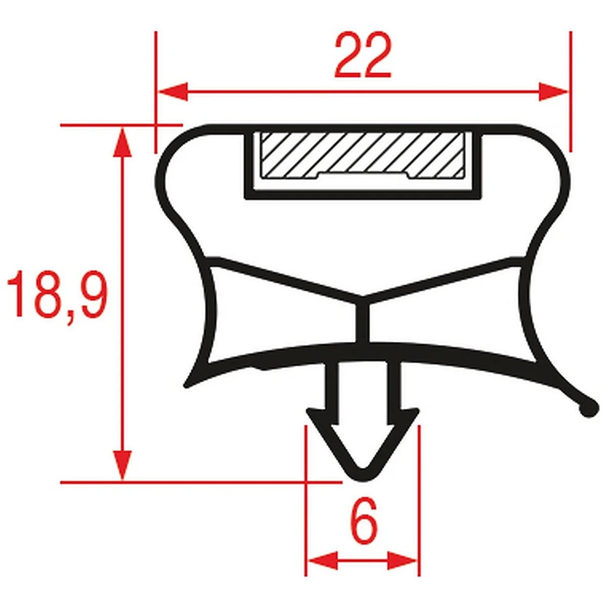 Måltegning af tætningsliste profil 1016, 22 x 18,9 mm