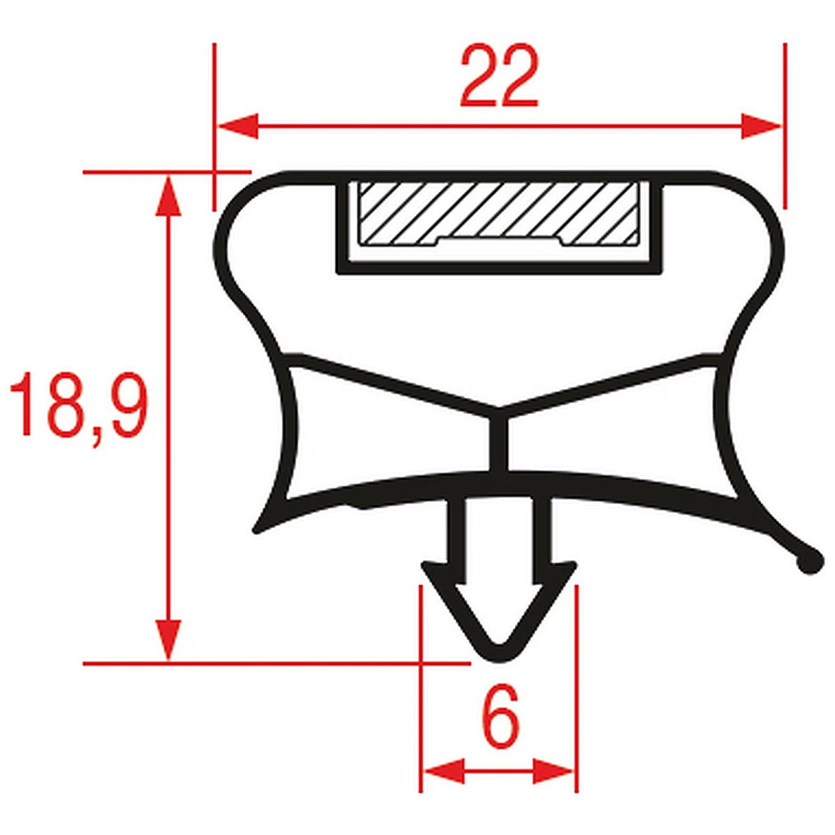 Måltegning af tætningsliste profil 1016, 22 x 18,9 mm