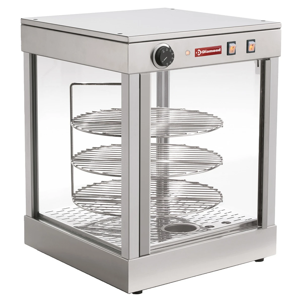 Diamond PIZZA/D38 varmevitrine med tre roterende hylder set skråt forfra