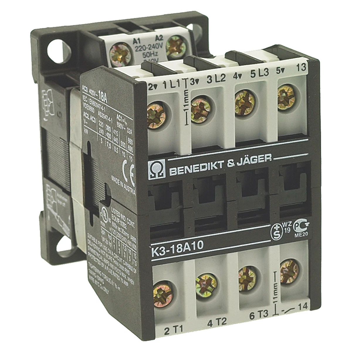 Kontaktor Benedikt & Jäger K3-18ND10 18A 400V set forfra