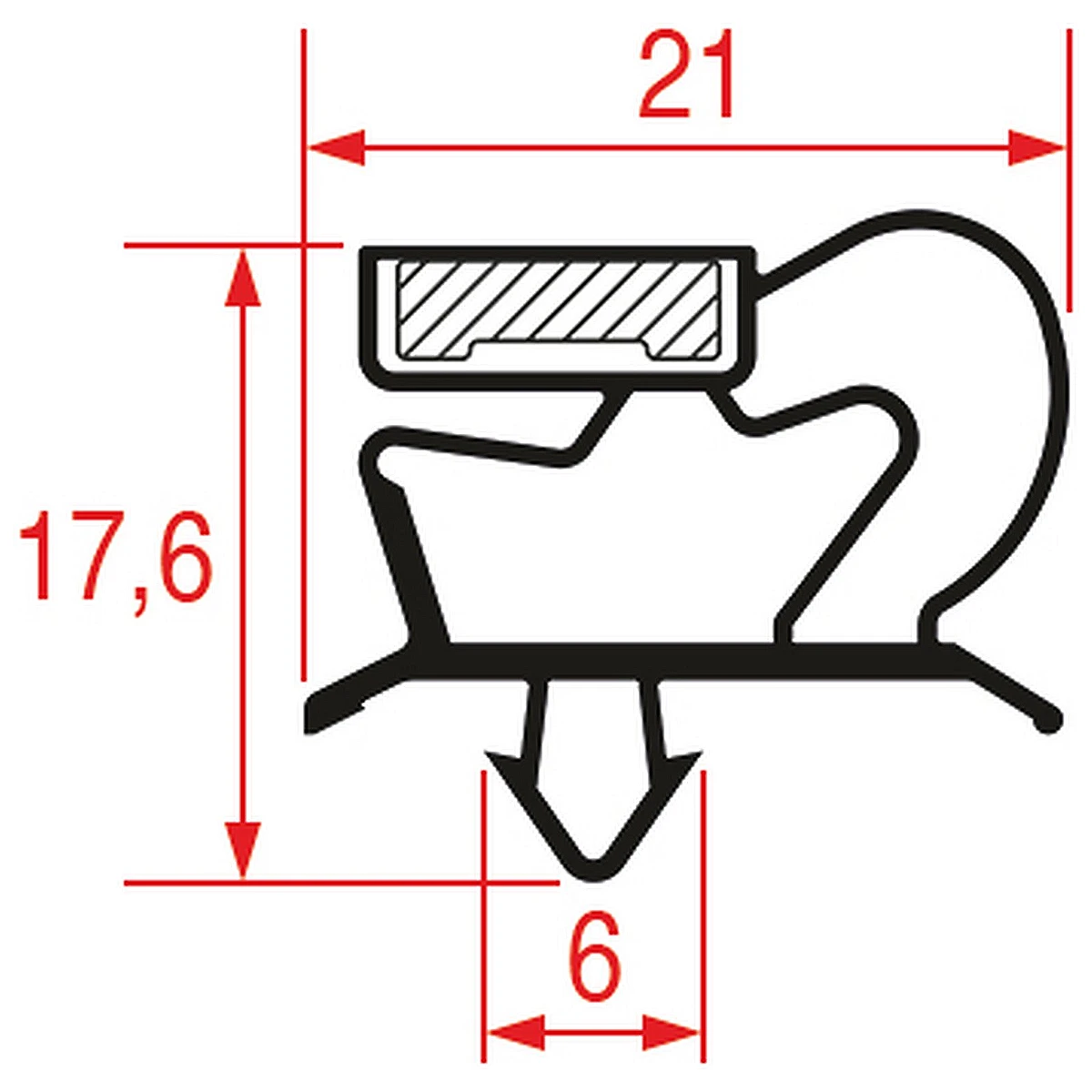 Profiltegning af tætningsliste til dør, Valera og Vibocold, 21 x 17,6 mm