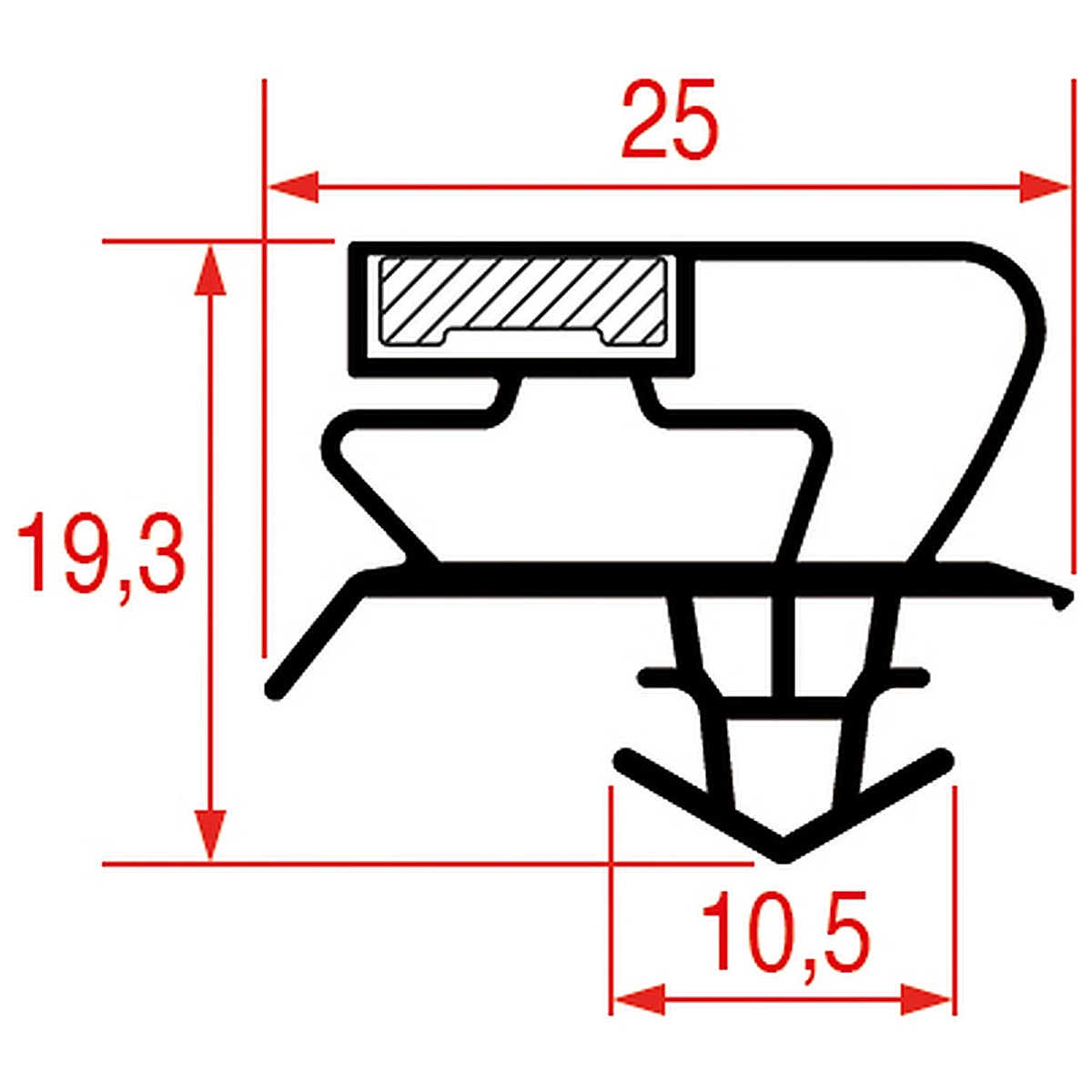 Profiltegning af tætningsliste til skuffebund, Porkka, 25 x 19,3 mm
