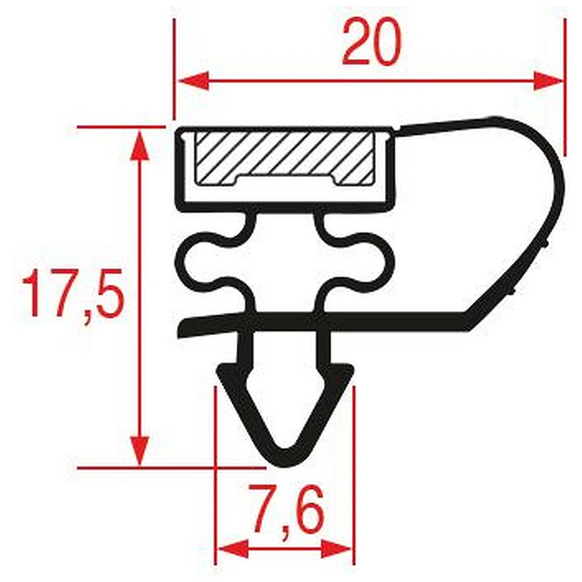 Profiltegning af tætningsliste til dør, Tefcold, 20 x 17,5 mm