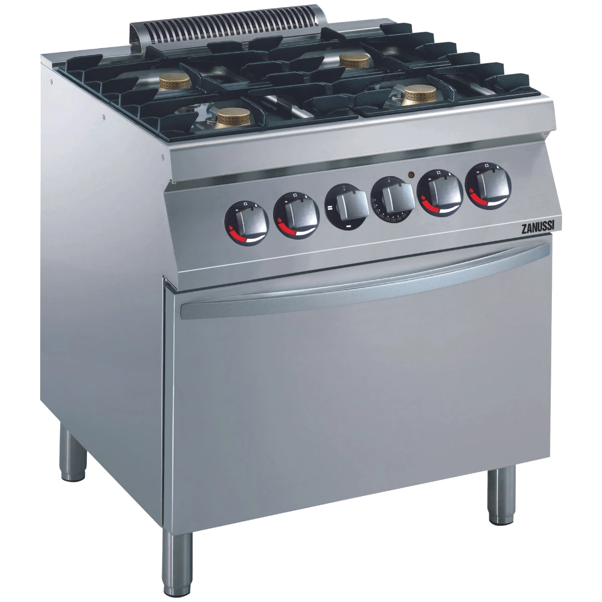 Zanussi EVO700 gaskomfur med el-ovn og 4 blus set skråt forfra