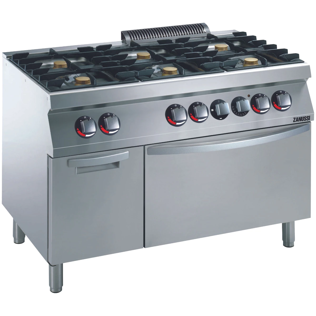 Zanussi EVO700 gaskomfur med el-ovn og underskab set skråt forfra