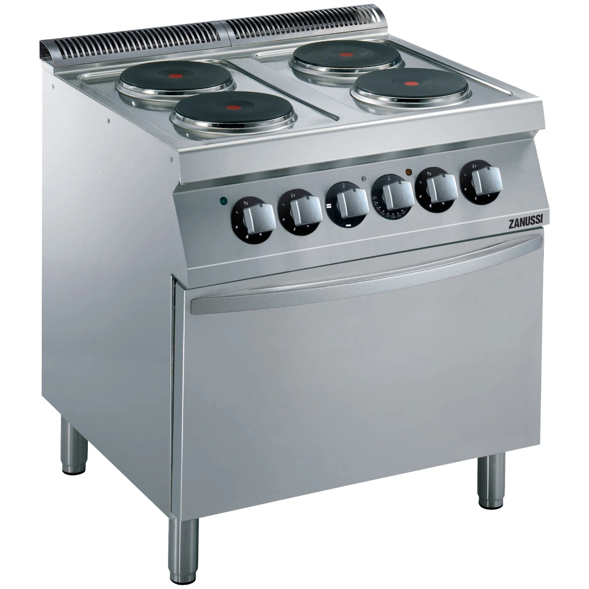 Zanussi EVO700 elkomfur med 4 runde kogeplader og el-ovn set skråt forfra