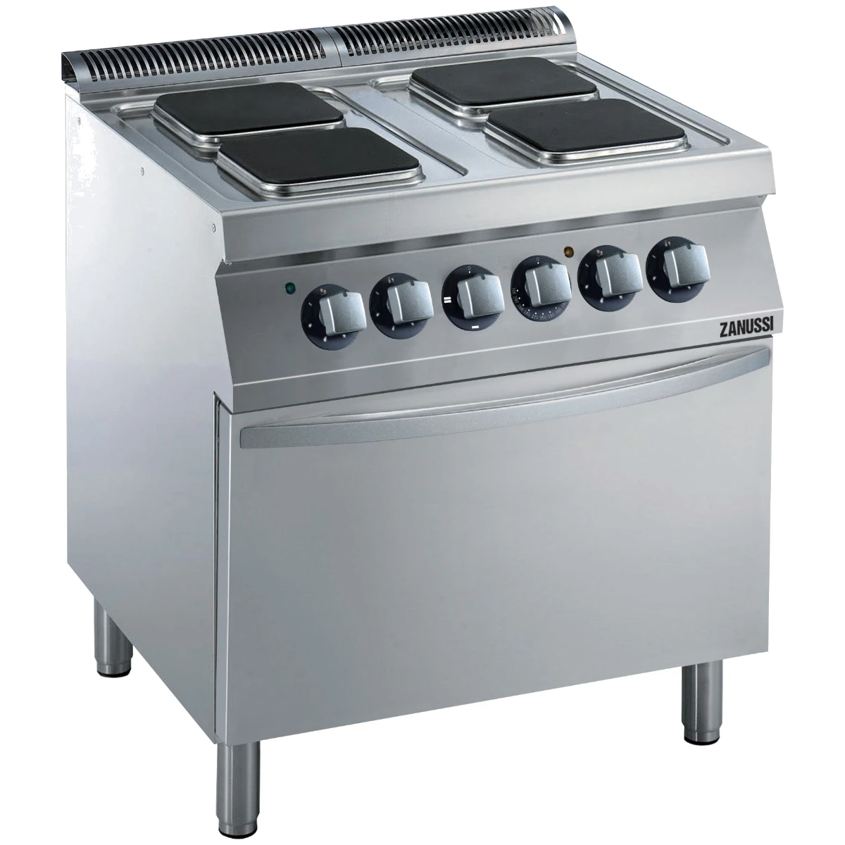 Zanussi EVO700 elkomfur med 4 firkantede kogeplader og el-ovn set skråt forfra