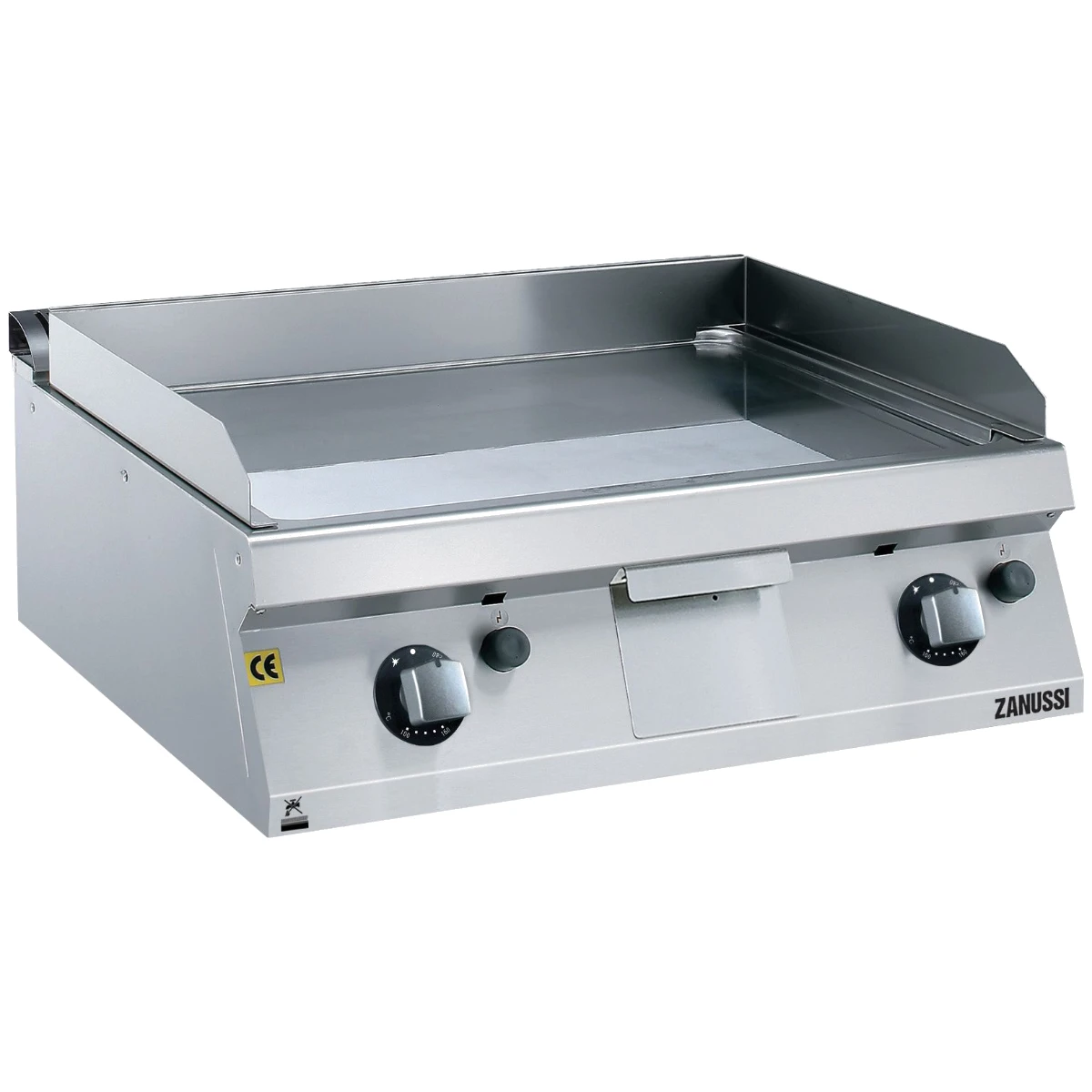 Zanussi EVO700 stegeplade på gas, 800 mm med glat og rillet krom, set skråt forfra