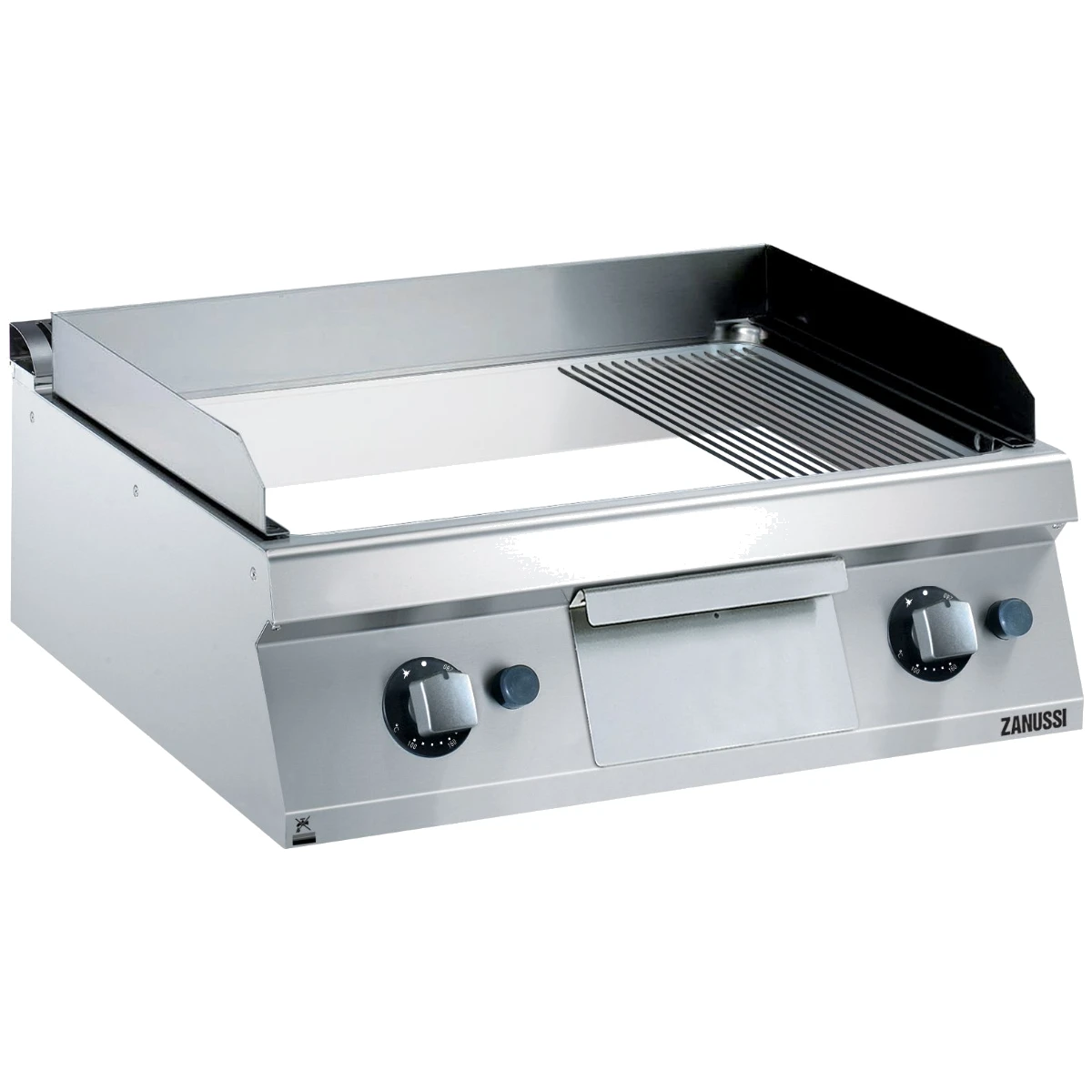 Zanussi EVO700 stegeplade på gas, 800 mm med to tredjedele glat og en tredjedel rillet krom