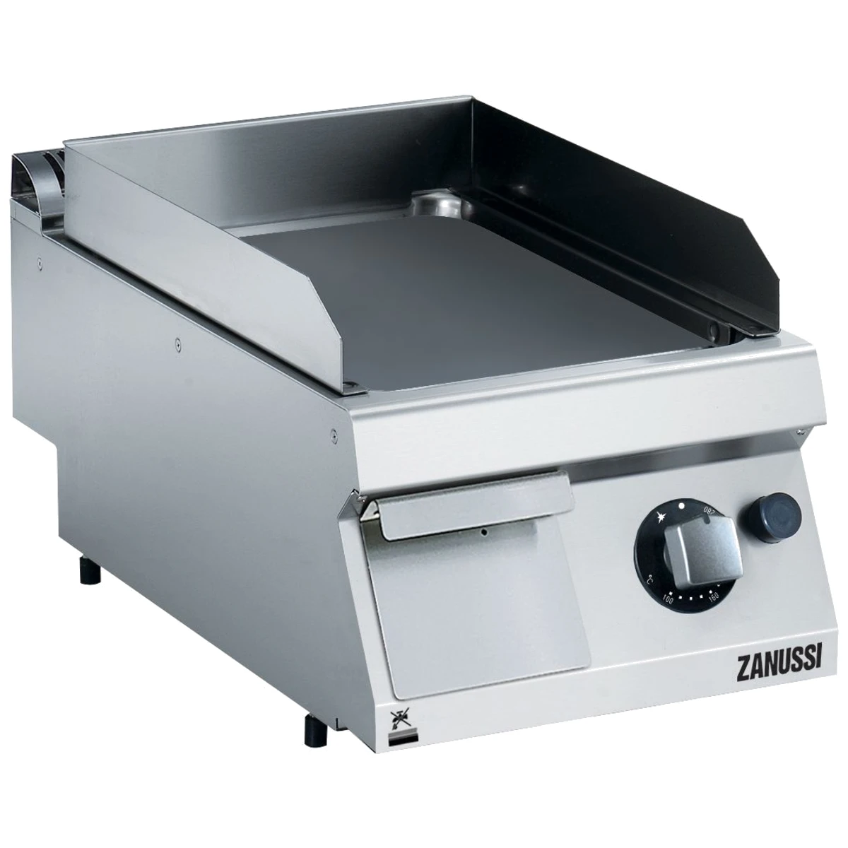 Zanussi EVO700 stegeplade på gas, 400 mm med glat børstet krom, set skråt forfra