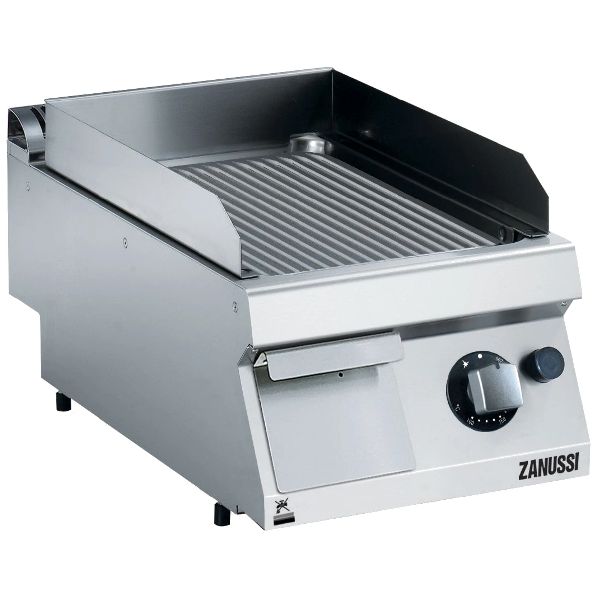 Zanussi EVO700 stegeplade på gas, 400 mm med rillet krom, set skråt forfra