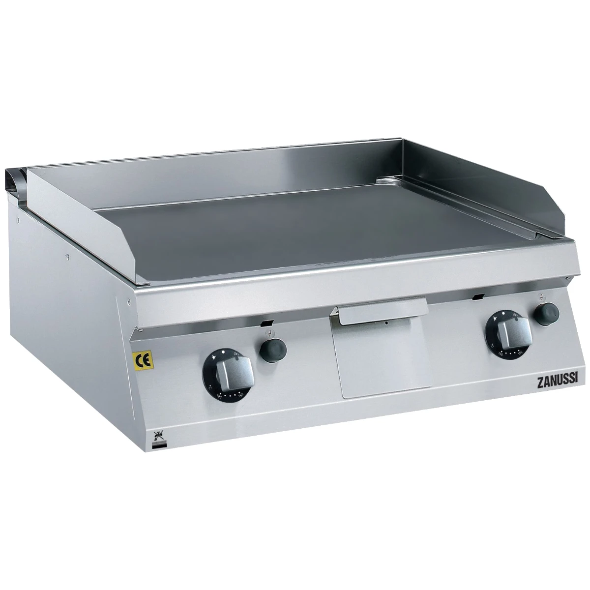 Zanussi EVO700 stegeplade på gas, 800 mm med glat krom, set skråt forfra