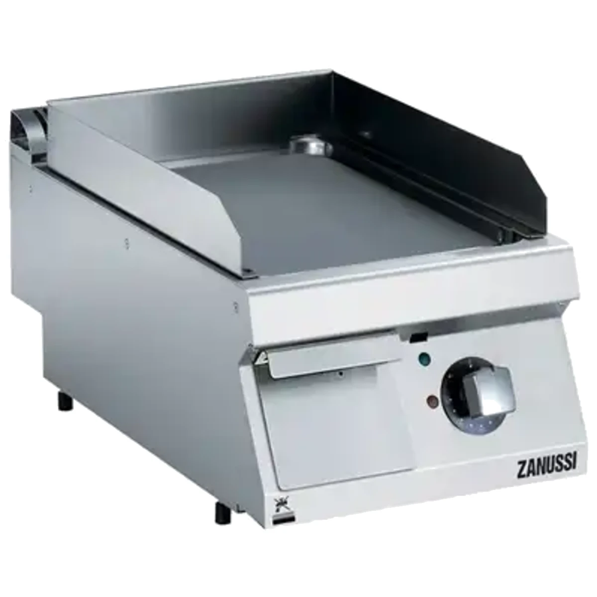 Zanussi EVO700 elektrisk stegeplade, 400 mm med glat poleret krom, set skråt forfra