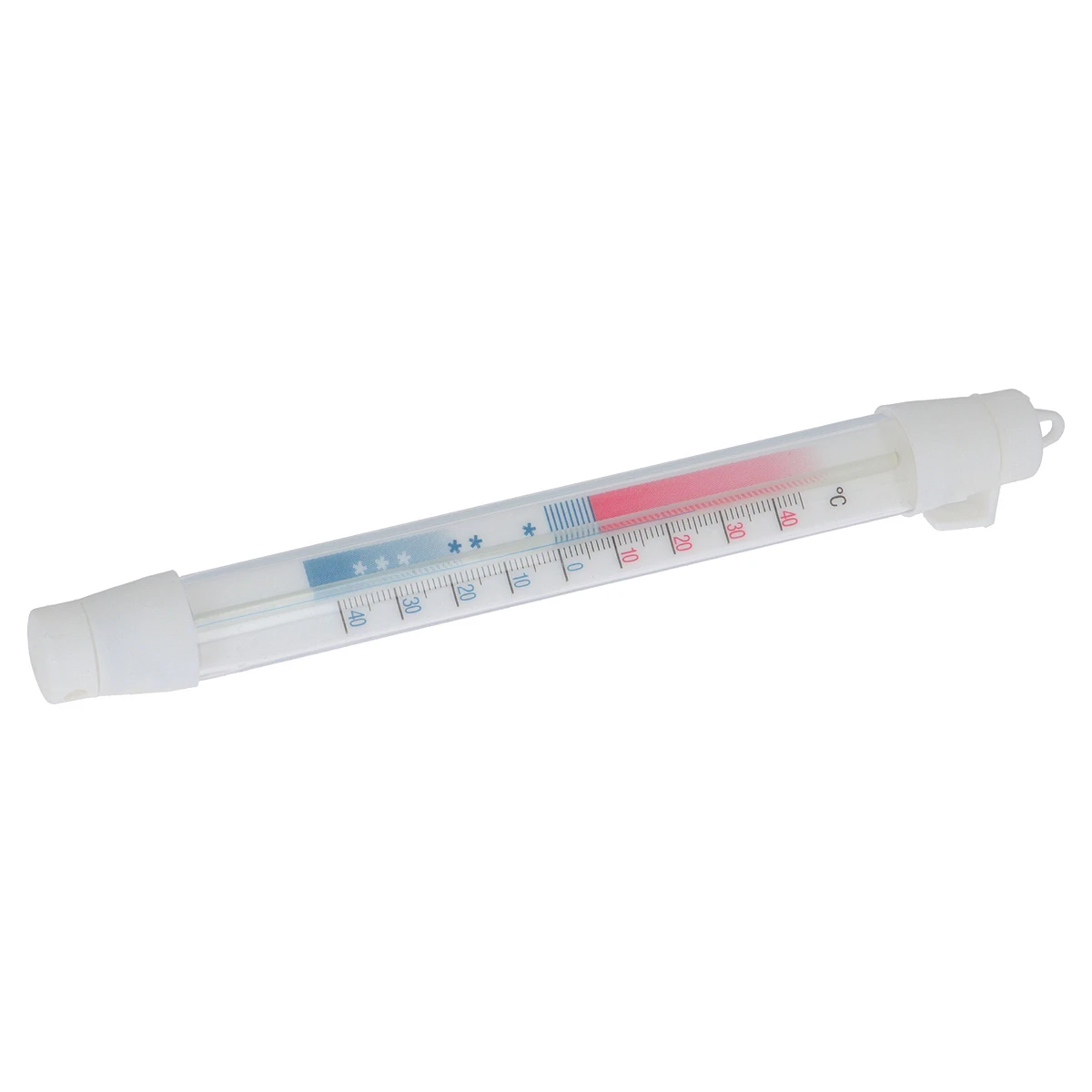 Stavtermometer med krog, -40 til +45 grader, hvid plast, set forfra