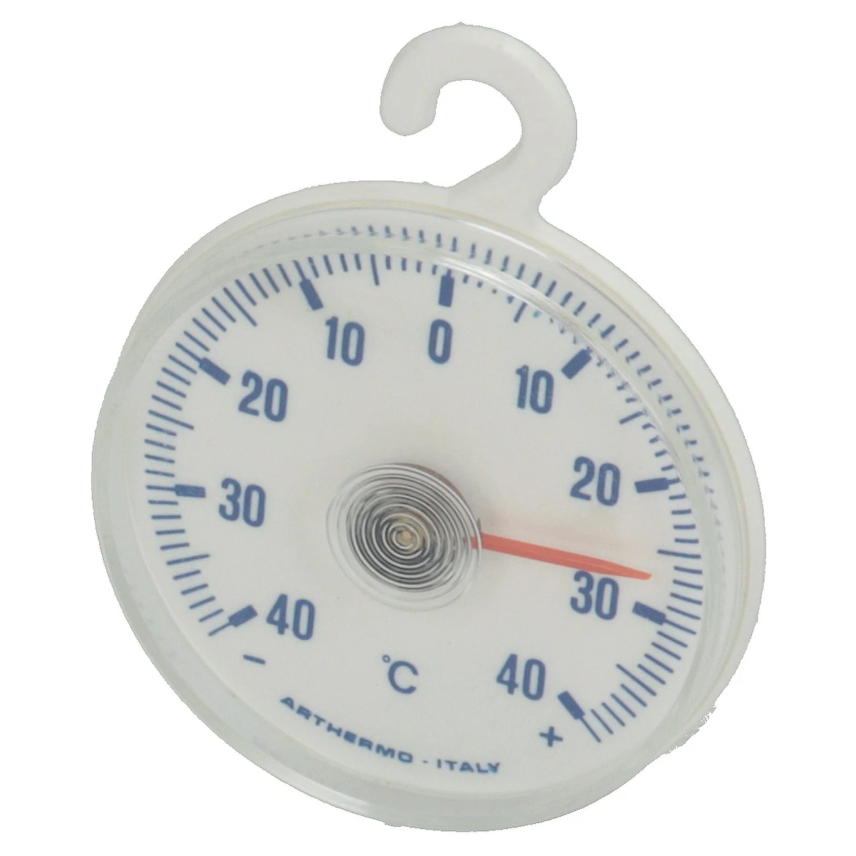 Rundt bimetaltermometer med krog, -40 til +40 grader, set forfra