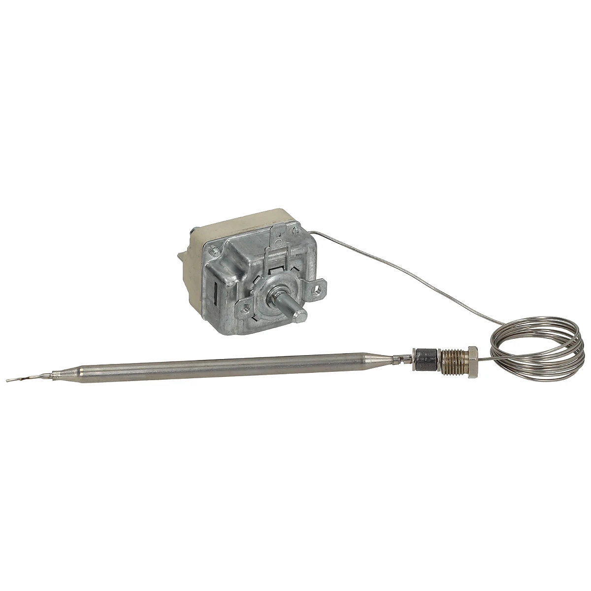 EGO driftstermostat 90-180 °C med kapillarrør og føler set forfra