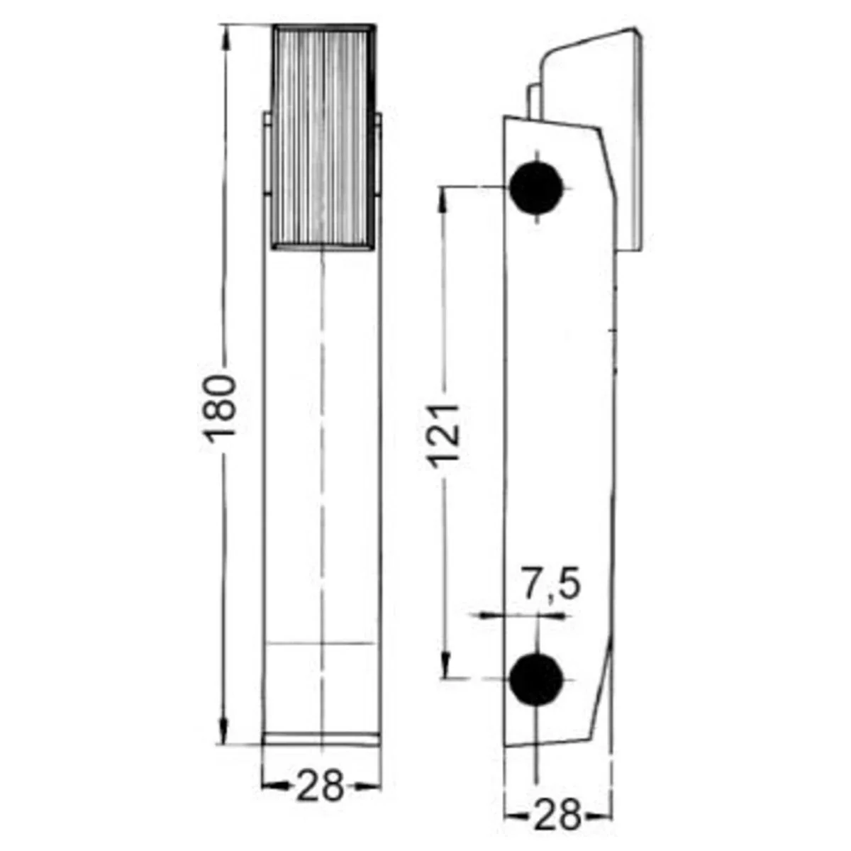 Måltegning af ovnlågehåndtag med længde 180 mm og hulafstand 121 mm