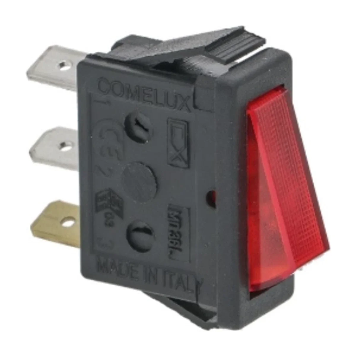 Rød vippekontakt 16A 250V med kontrollampe set bagfra med fladstik