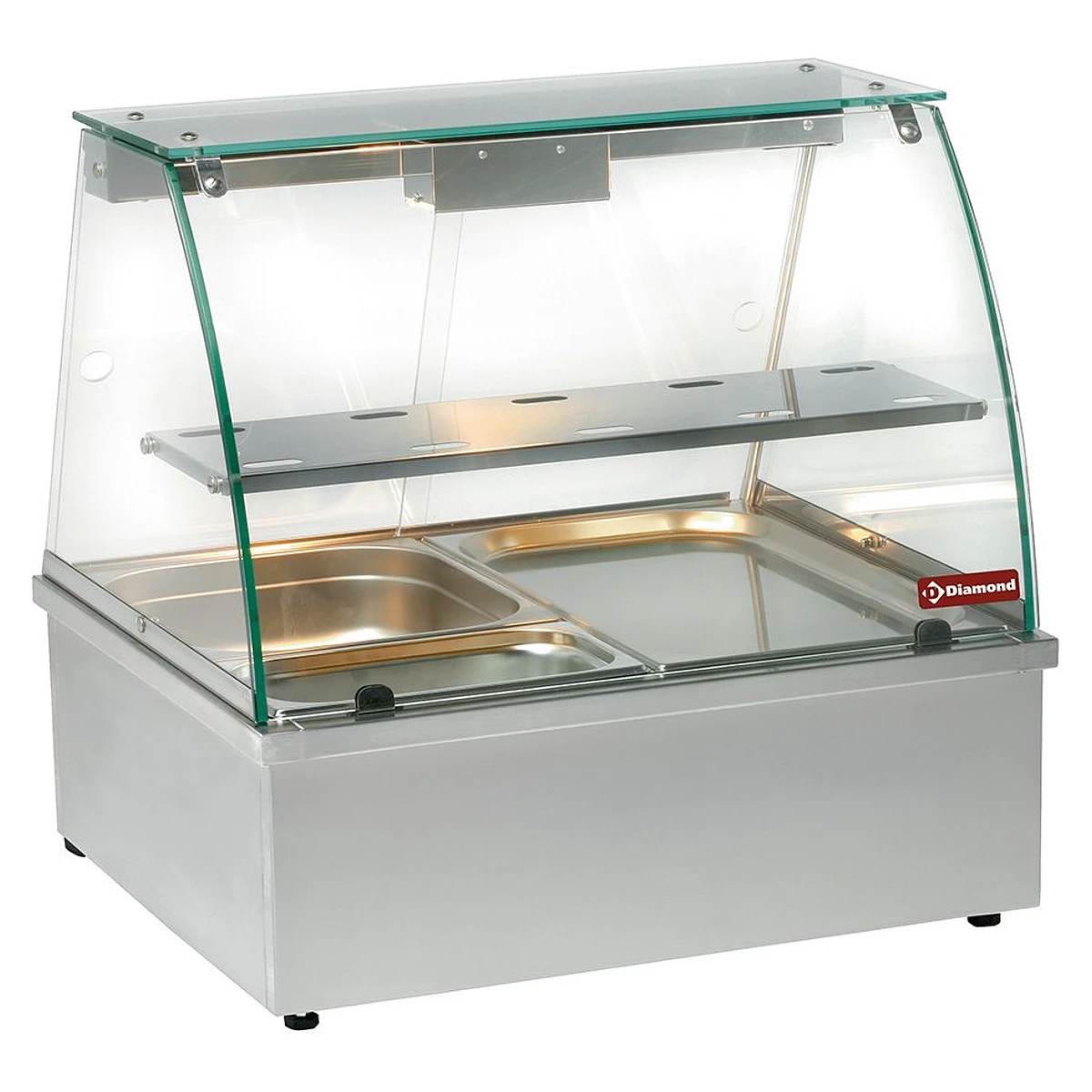 Diamond varmevitrine med bain-marie stående på tilhørende rustfrit underskab set skråt forfra