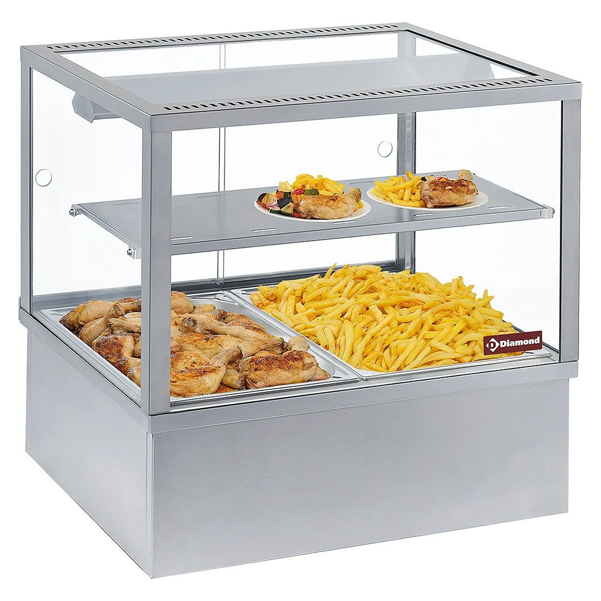 Diamond varmevitrine med bain-marie og panoramaglas set skråt forfra