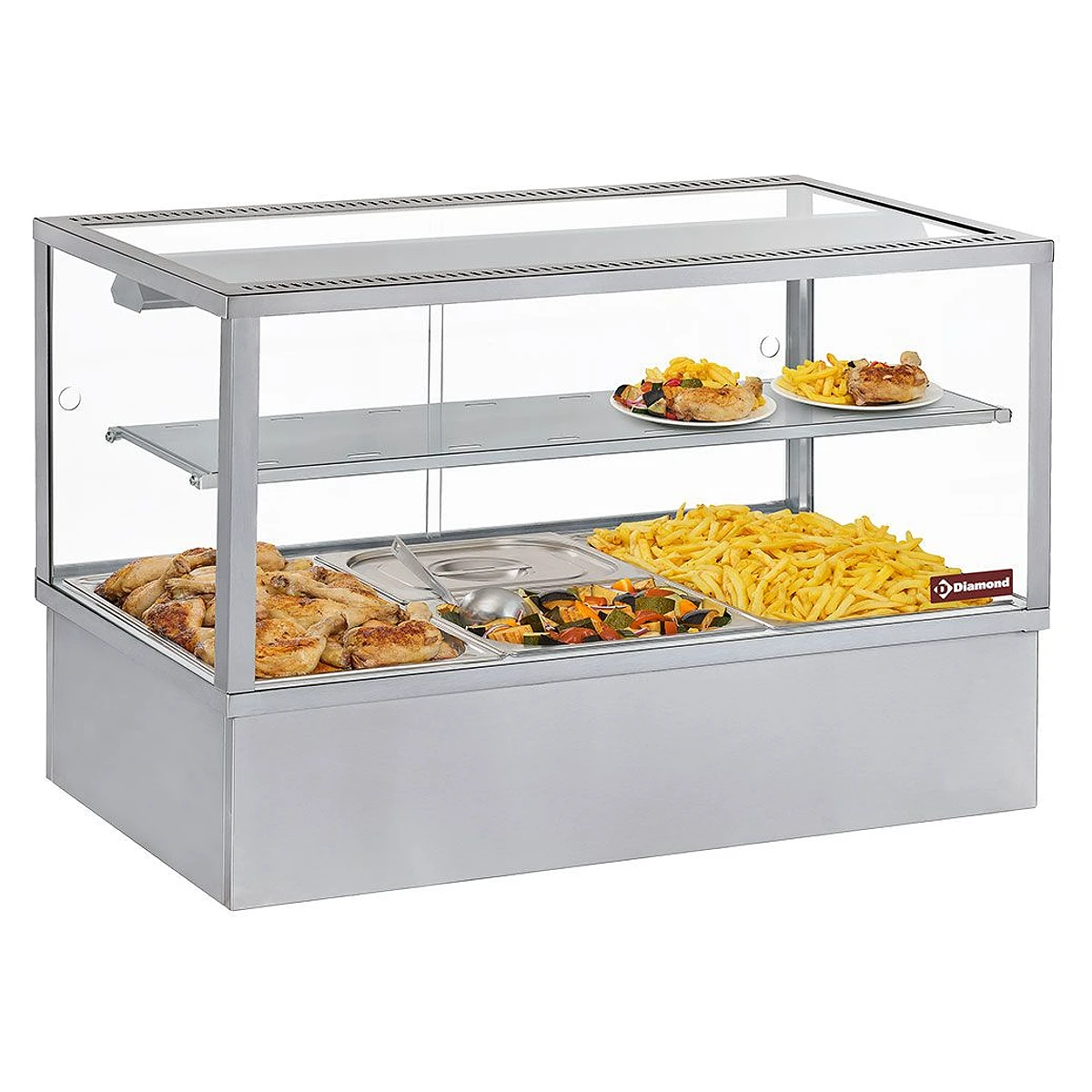 Diamond varmevitrine med bain-marie og panoramaglas set skråt forfra