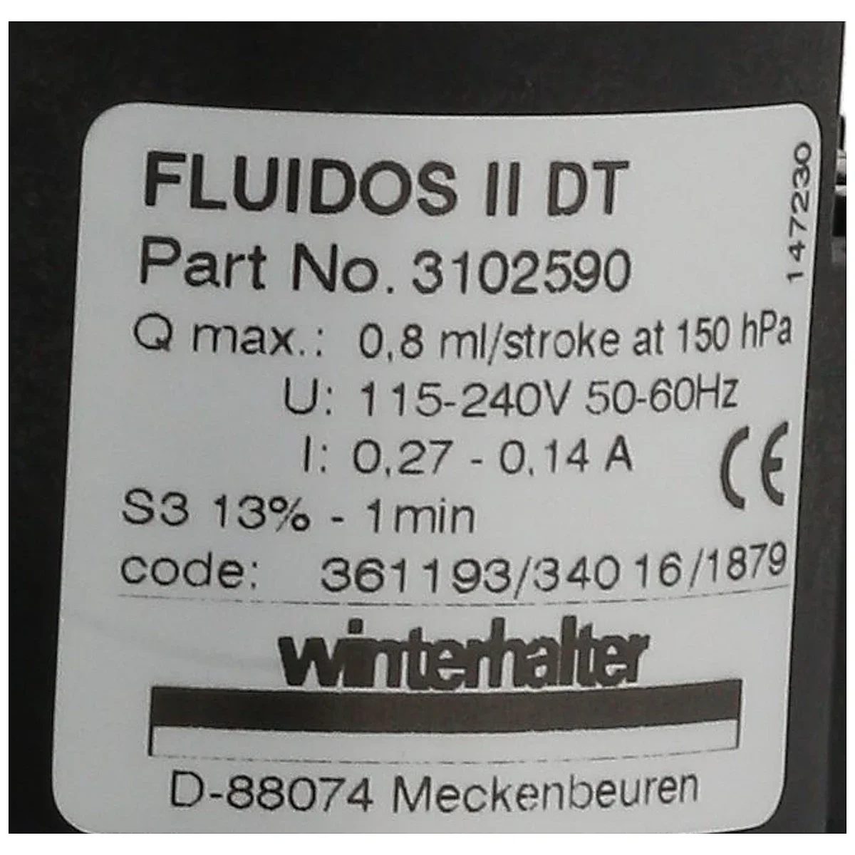 Typeskilt på Winterhalter FLUIDOS II DT doseringspumpe med varenummer 3102590