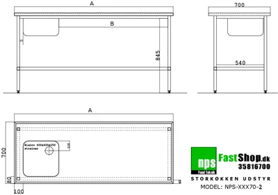 Tegning af Rustfrit stålbord med industrivask