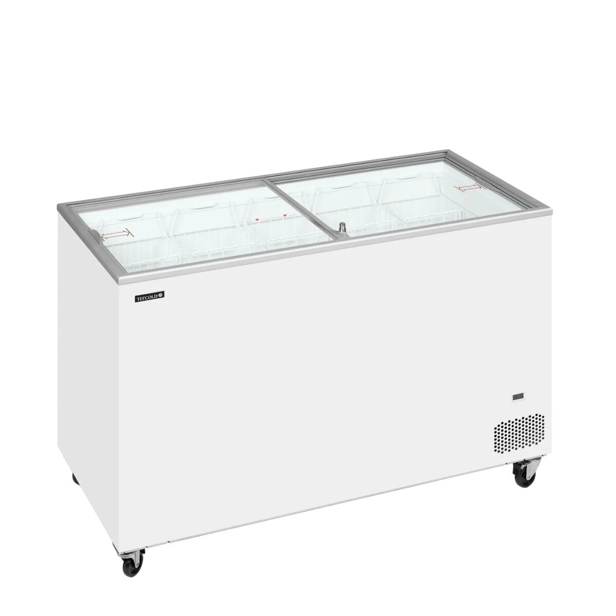 Tefcold IC402SC isfryser med flade glasskydelåg – 350 liter displayfryser på hjul