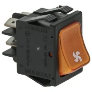 Gul 2-polet vippekontakt 16A 250V med ventilatorsymbol set skråt forfra