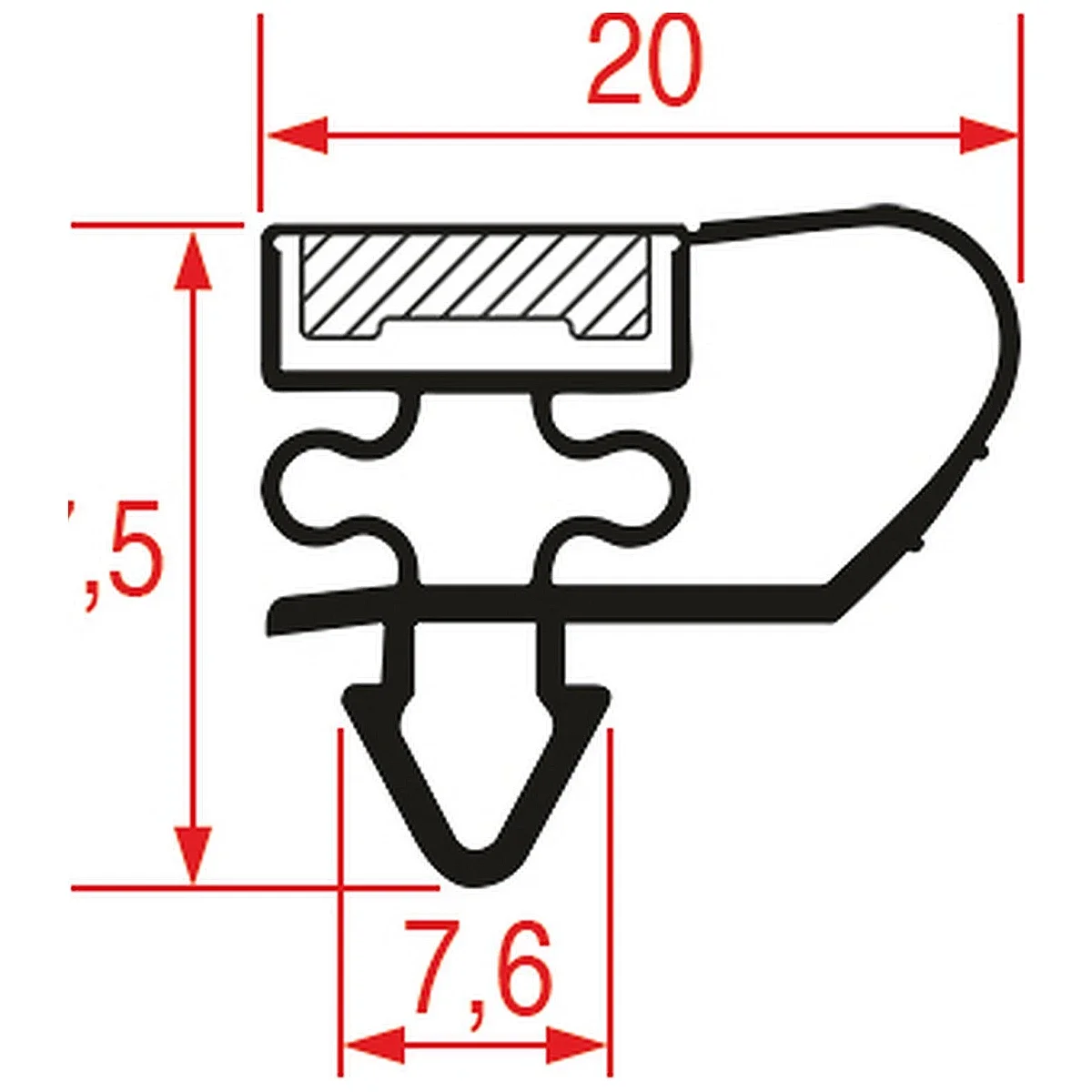 Måltegning af tætningsliste til TEFCOLD 1/2 skuffe, profil 20 x 7,5 mm