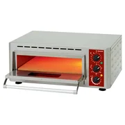 Diamond PIZZA-QUICK/43 elektrisk pizzaovn i rustfrit stål med rødt betjeningspanel, set skråt forfra