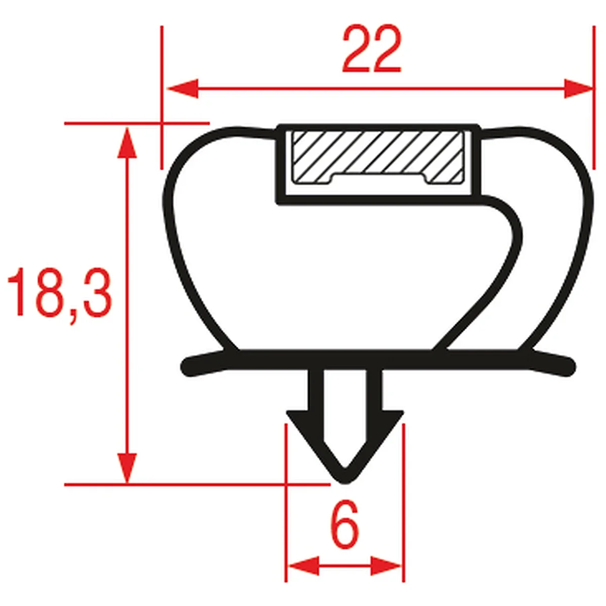 Profiltegning af magnetisk tætningsliste 1010, 22 x 18,3 mm